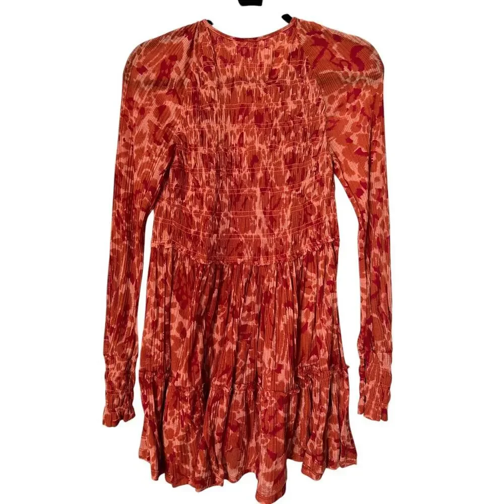 Free People Tunic Top Womens Size XS Orange Long Sleeve Gauzy Smocked Babydoll‎
